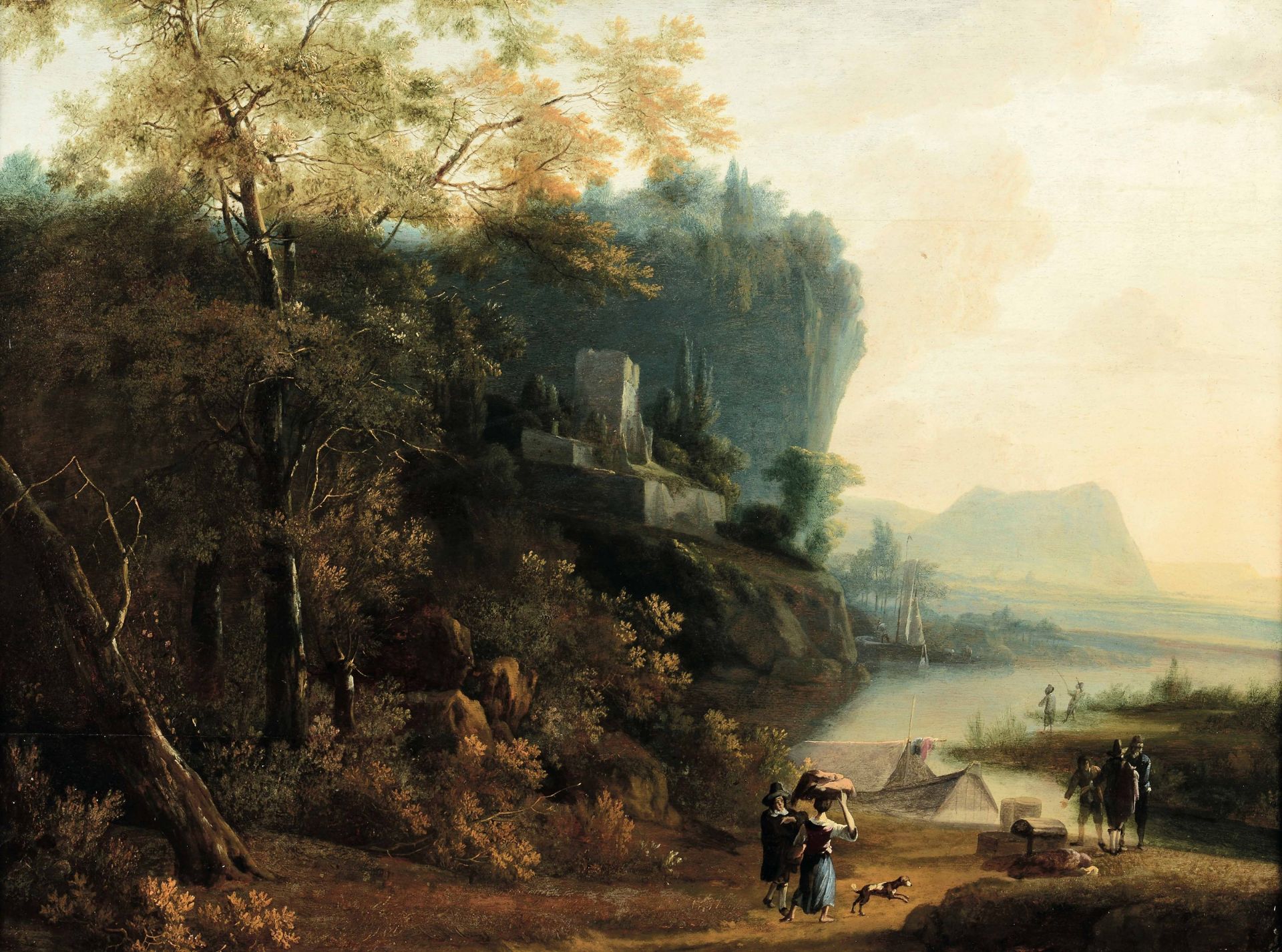 Adam Pynacker (Delft 1620 - Amsterdam 1673), Paesaggio fluviale con personaggi e [...]