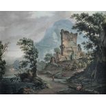 Scuola del XVIII secolo, Paesaggio con rovine e viandanti - coppia di gouaches, cm [...]