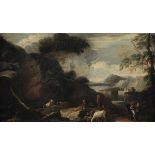 Scuola italiana del XVIII secolo, Paesaggio con pastori, armenti e contadini - coppia [...]