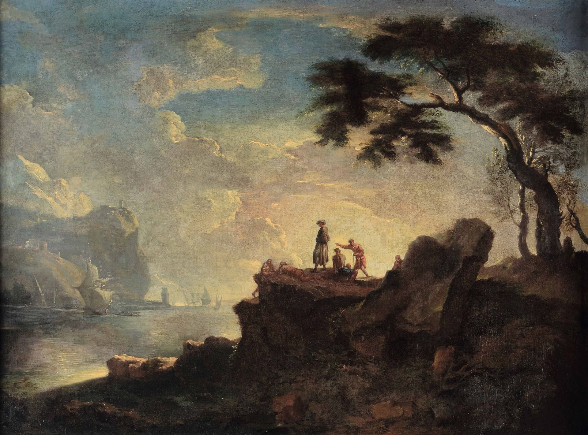 Scuola del XVIII secolo, Paesaggio costiero con figure - olio su tela, cm 72x98 -
