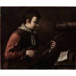 Scuola bolognese del XVII secolo, Ritratto di giovane musico - olio su tela, cm 63x74 -