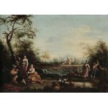 Scuola veneta del XVIII secolo, Paesaggi con scene popolari - coppia di dipinti ad [...]