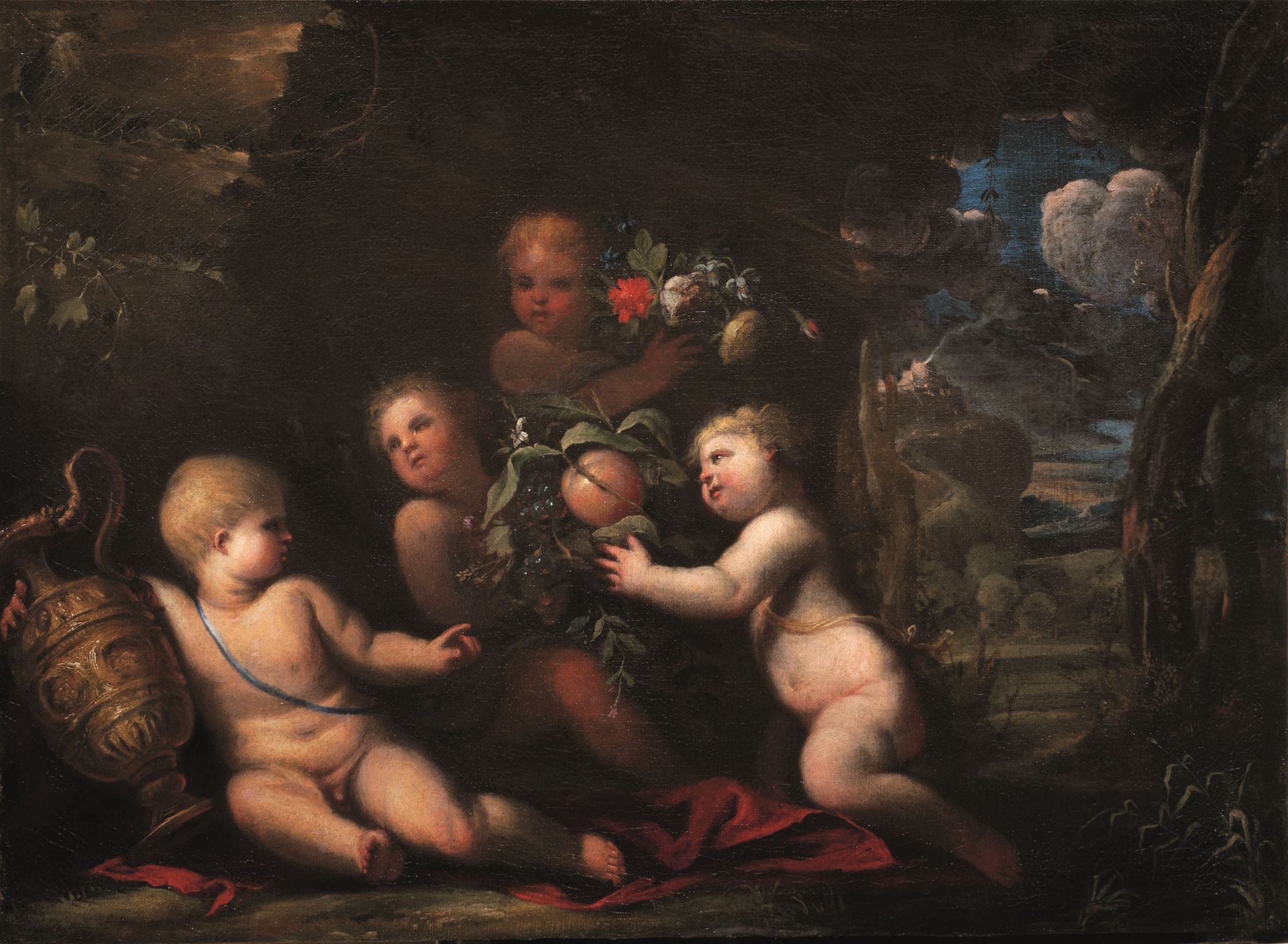 Bartolomeo Biscaino (Genova, 1632-1657), Natura morta con putti - olio su tela, cm [...]