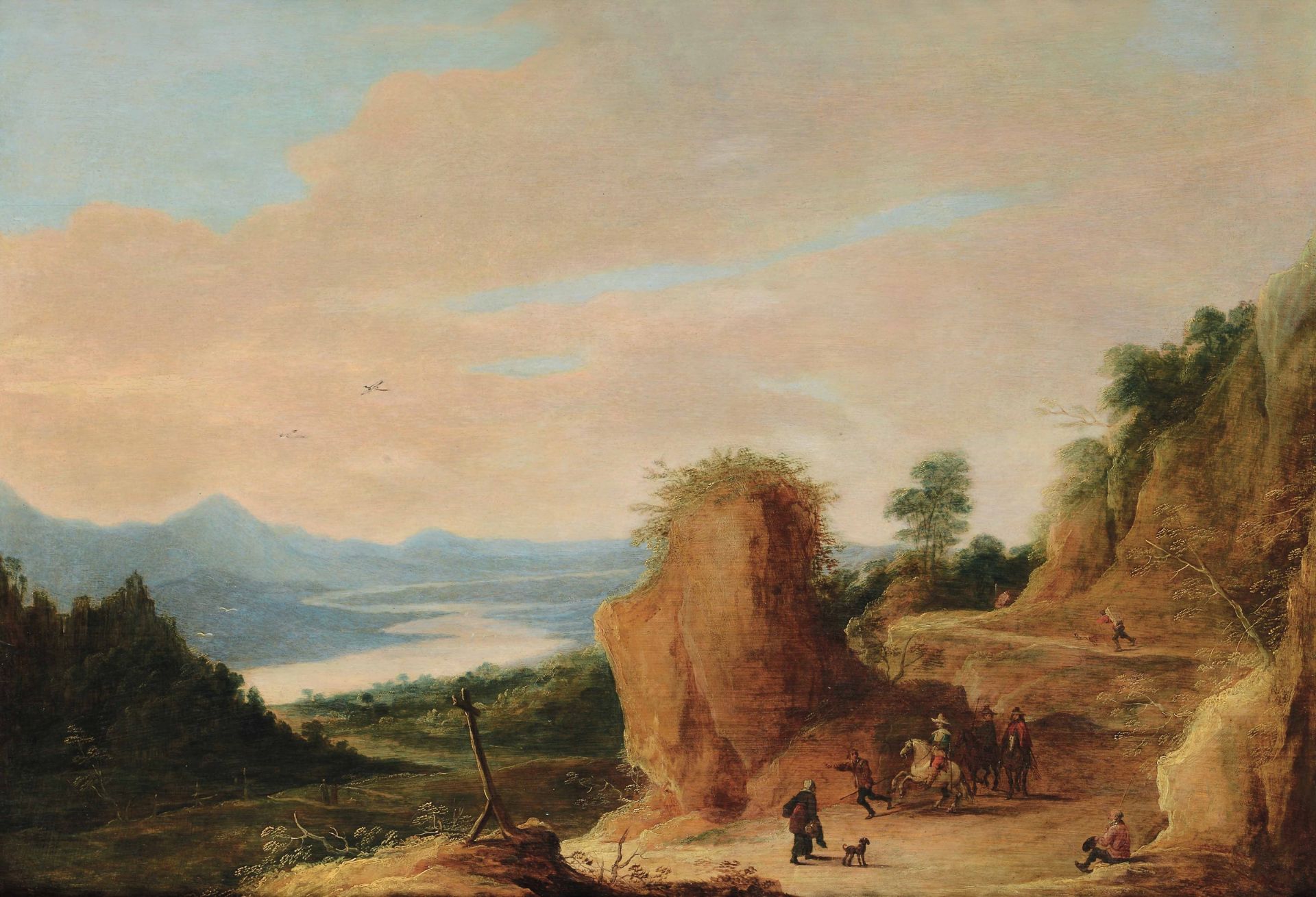 Joos de Momper (1564-1635), Paesaggio con viandanti - olio su tavola, cm 54x78 -