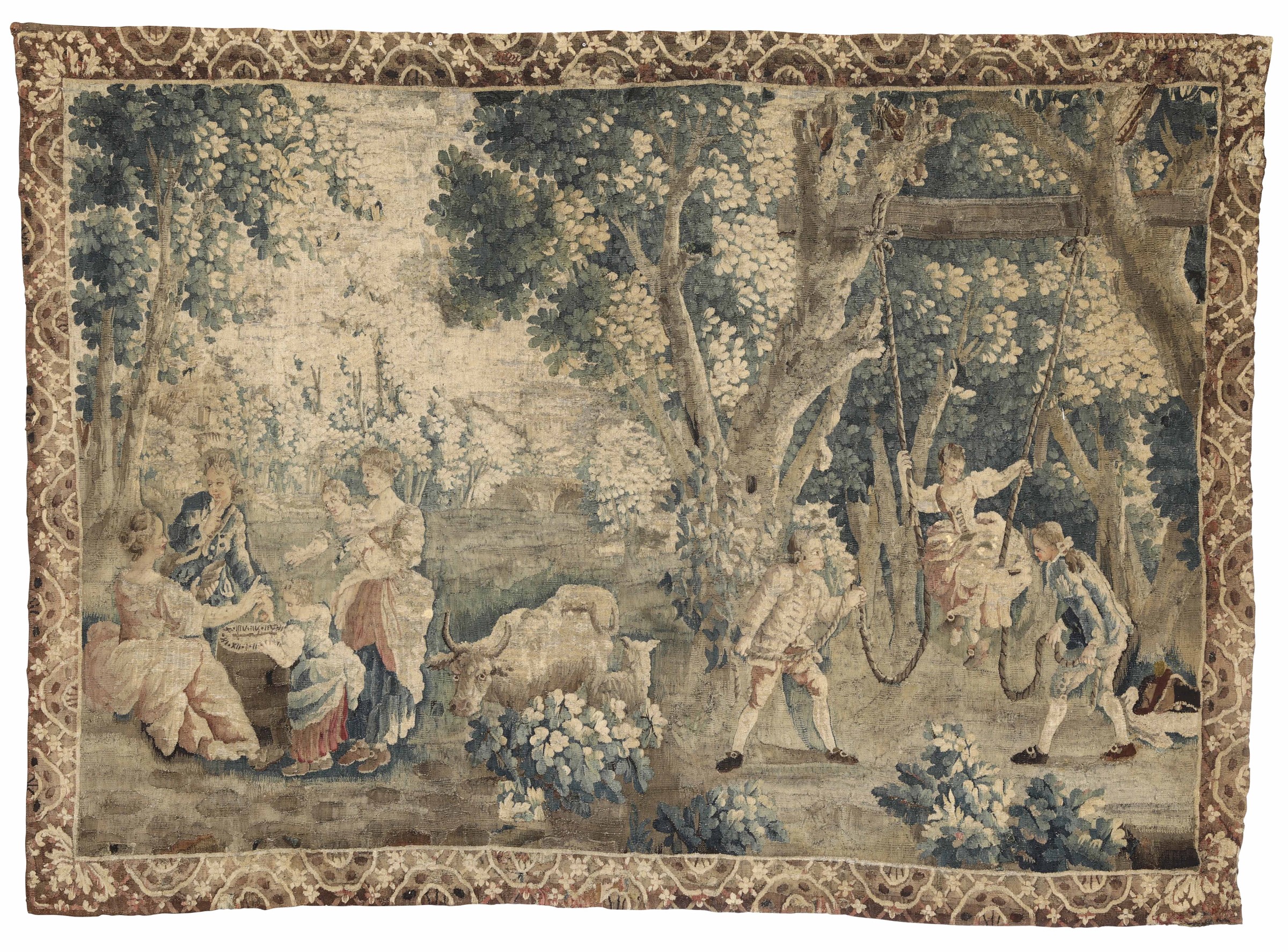 Arazzo, fine XVIII secolo, - raffigurante scena galante, cm 296x212 -