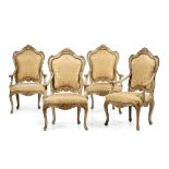 Four Louis XV armchairs, Venice, 1700s - Carved and lacquered wood, polychrome floral [...]