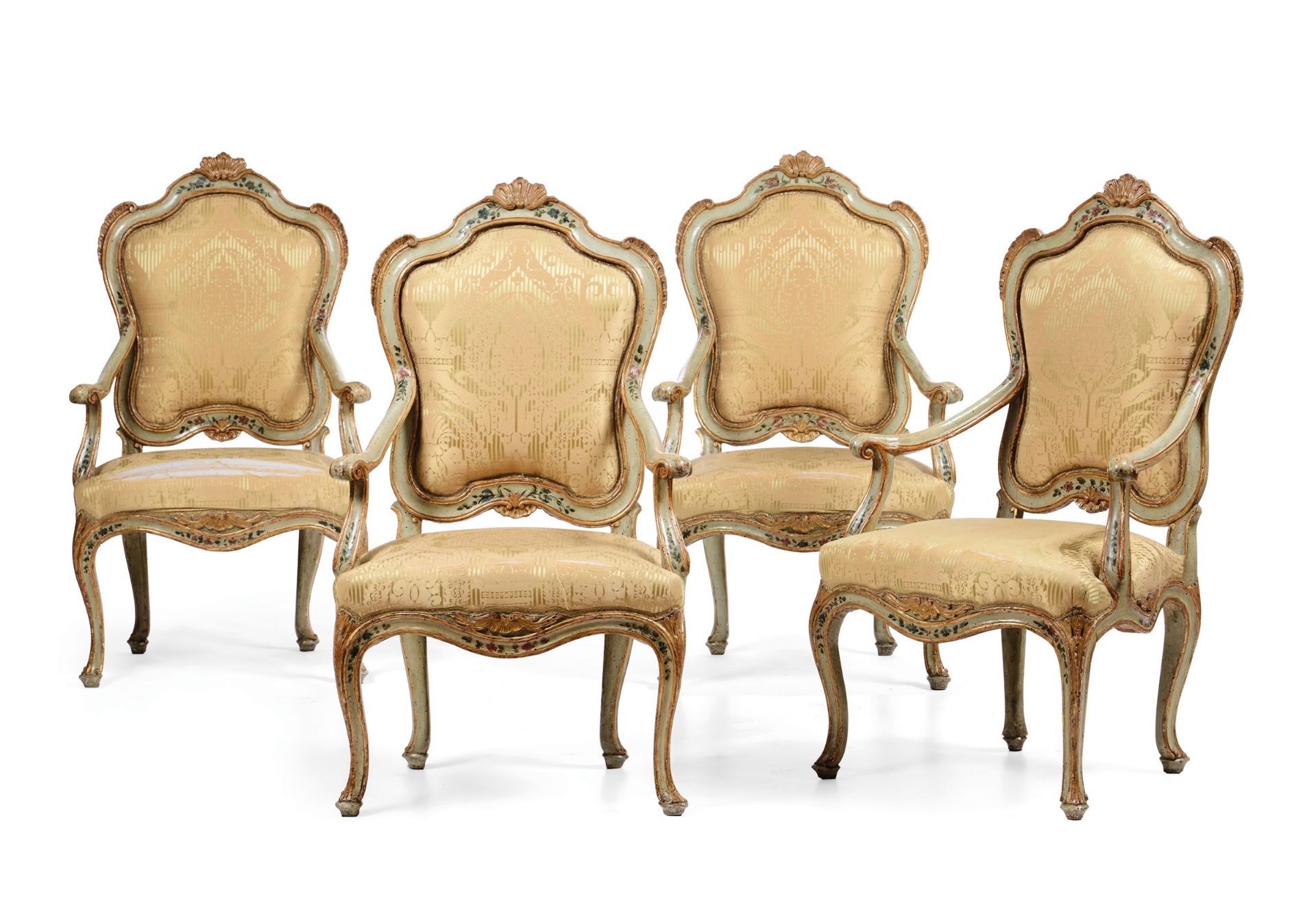 Four Louis XV armchairs, Venice, 1700s - Carved and lacquered wood, polychrome floral [...]