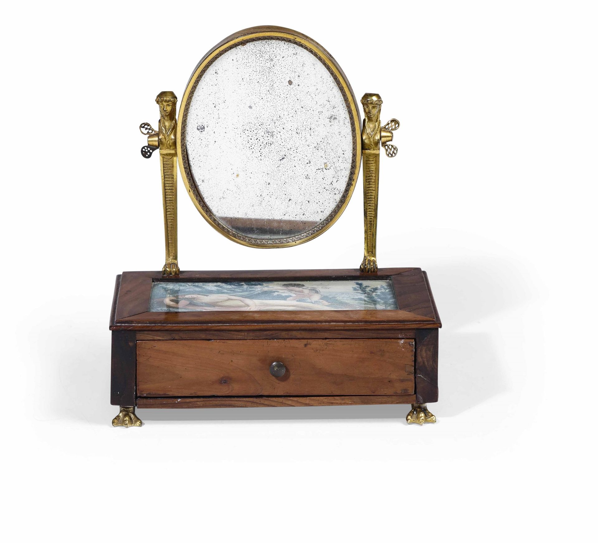 Piccola scatola in legno con specchietto in bronzo dorato e cesellato. XIX-XX secolo, [...]