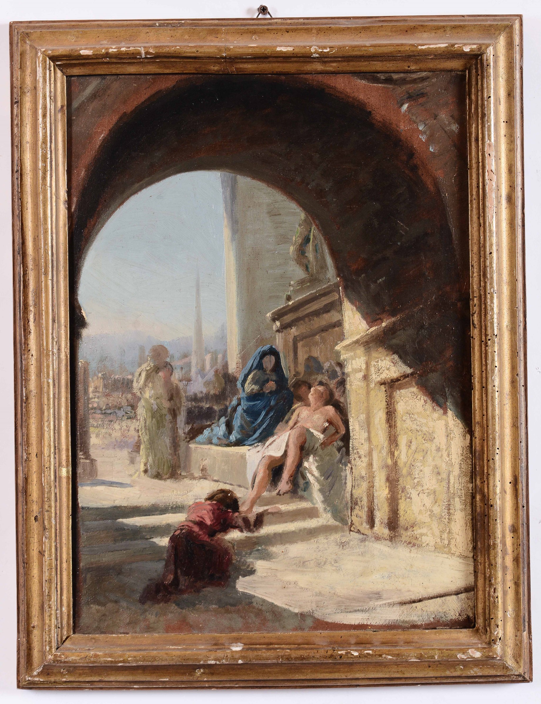 Scuola italiana del XIX secolo, Scorcio cittadino con personaggi - olio su tela, cm [...]