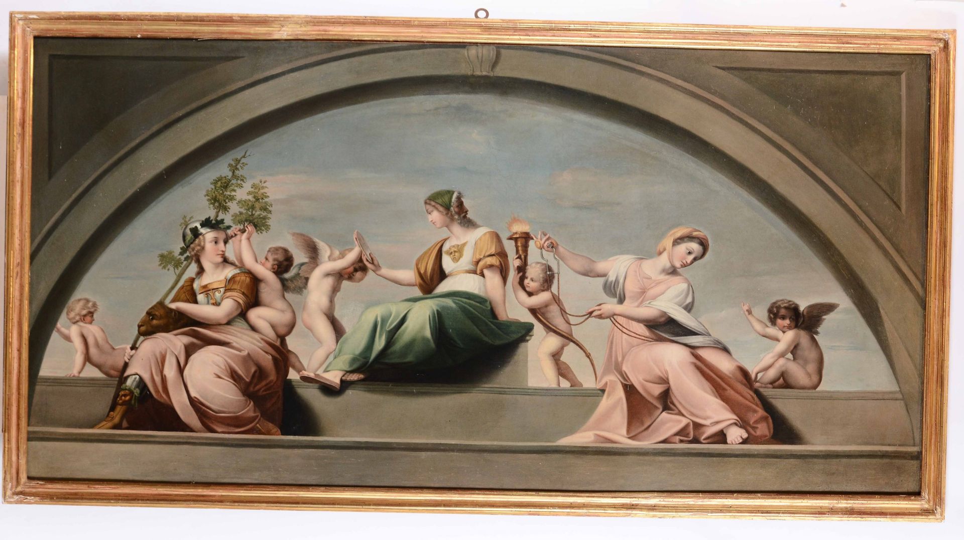 Scuola neoclassica, Scena allegorica entro lunetta - olio su tela, cm 91x188 - 2500 -