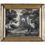 Scuola del XVIII secolo, Paesaggio con rovine - grisaille su tavola, cm 44x54 - 400 -