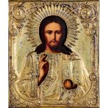 Icona con riza in metallo dorato raffigurante Cristo Pantocrator. Russia XIX-XX [...]