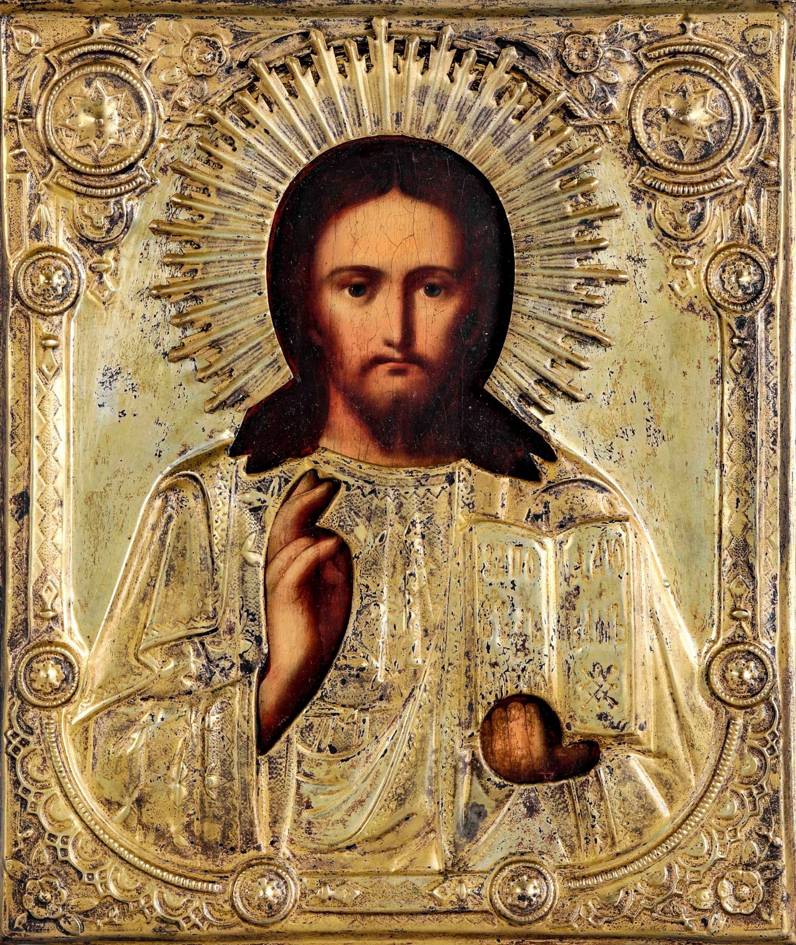 Icona con riza in metallo dorato raffigurante Cristo Pantocrator. Russia XIX-XX [...]