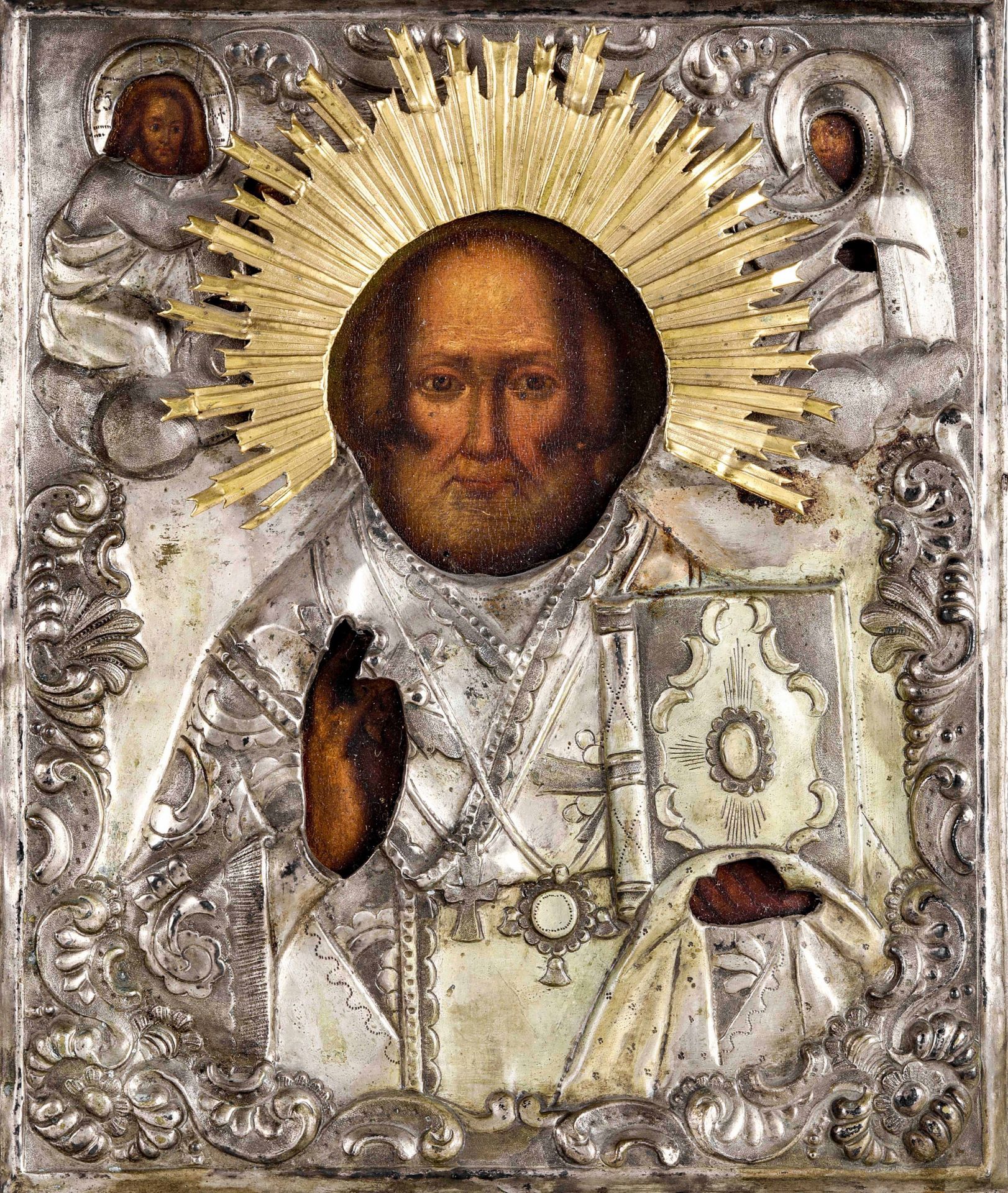 Icona con riza in metallo argentato raffigurante San Nicola. Russia XIX-XX secolo, - [...]