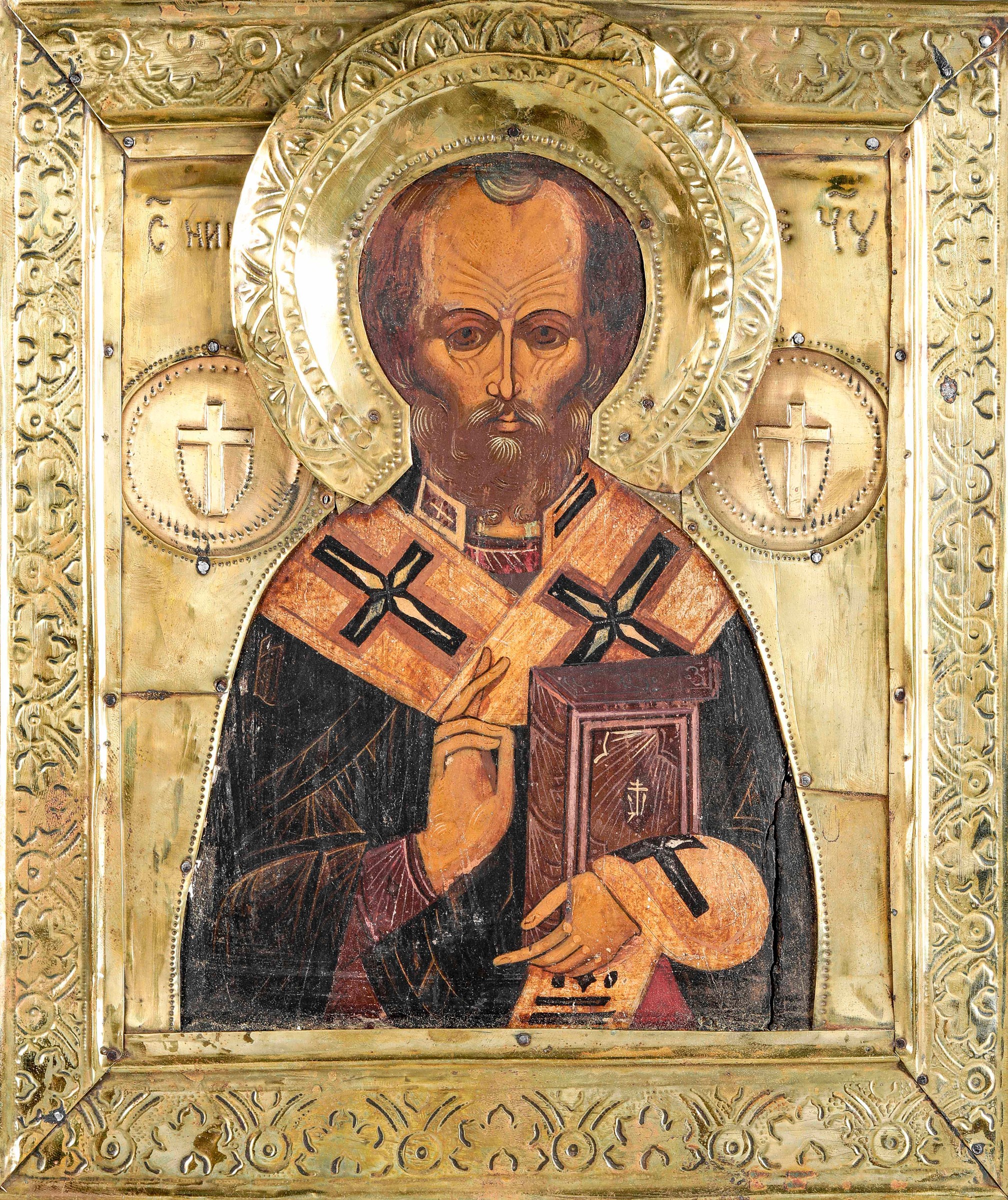 Icona con riza in metallo dorato raffigurante San Nicola. Russia XIX-XX secolo, - cm [...]