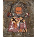 Icona con riza in metallo raffigurante San Nicola. Mosca XIX-XX secolo, - cm 30x25 -
