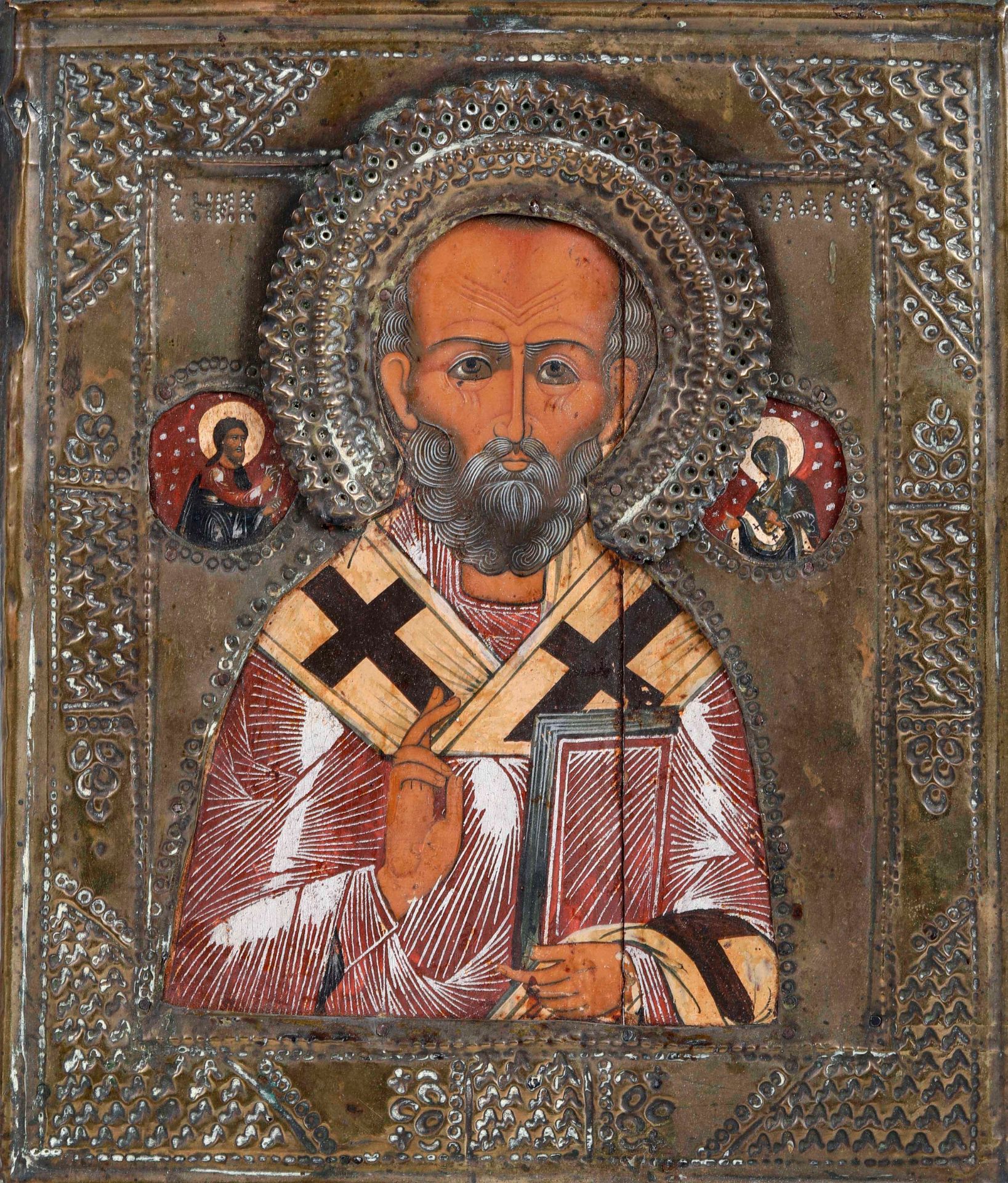 Icona con riza in metallo raffigurante San Nicola. Mosca XIX-XX secolo, - cm 30x25 -