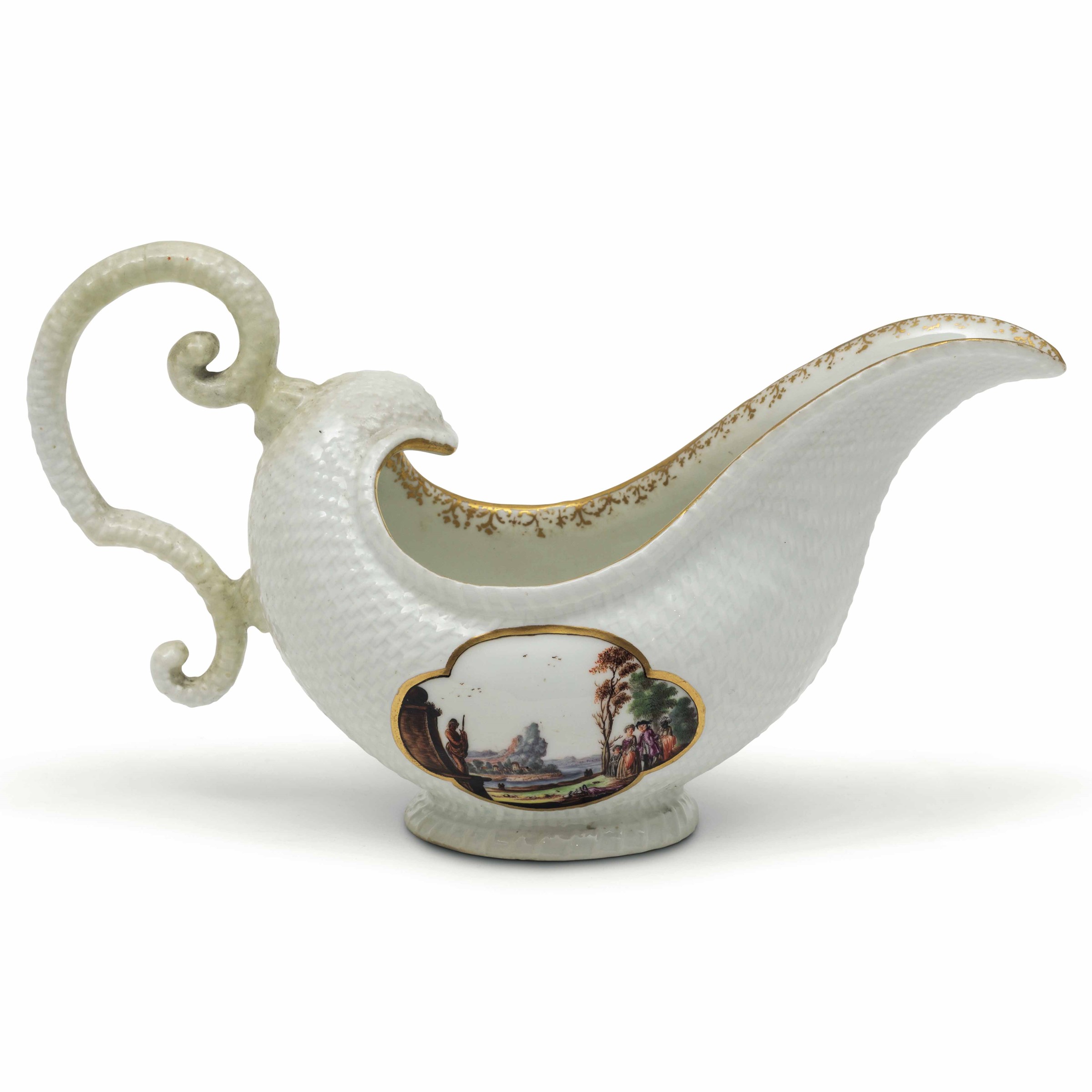 Salsiera Meissen, 1740 circa , - Porcellana. Marca: tracce di spade in blu sotto la [...]