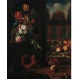 Scuola italiana del XVIII secolo, Natura morta con fiori, frutta e scoiattoli - olio [...]