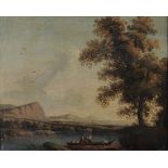 Scuola romana del XVIII secolo, Paesaggio con pescatore - olio su tela, cm 48x69 -