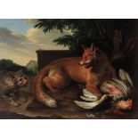 Scuola fiamminga del XVIII secolo, Contesa tra volpe e gatto per una gallina - olio [...]
