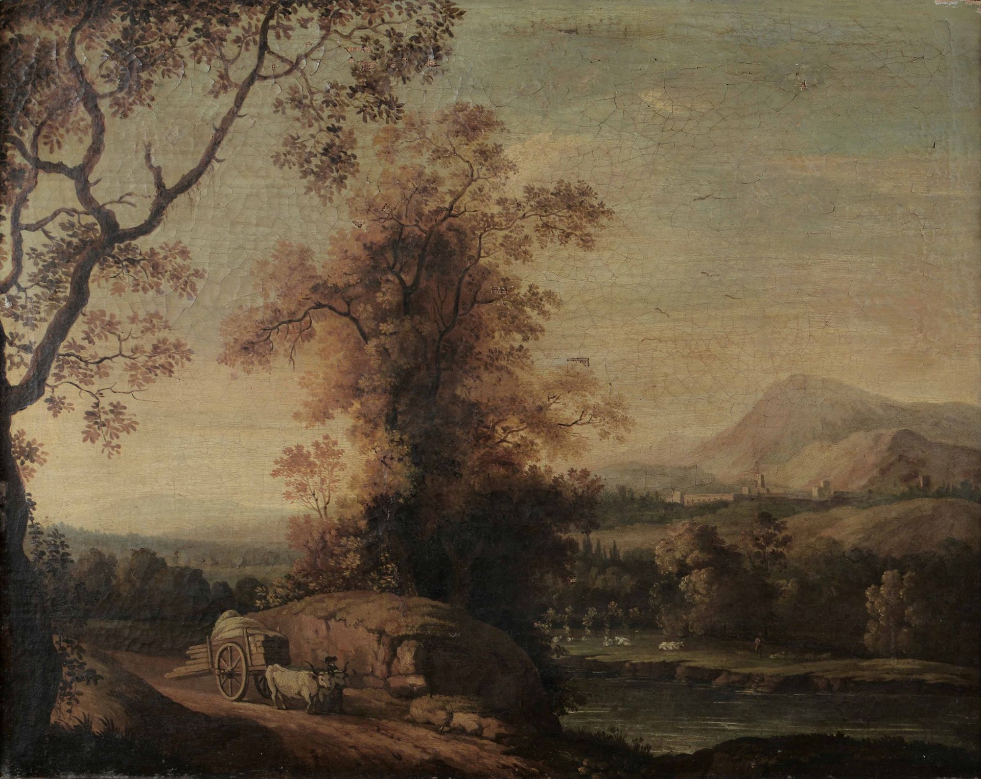 Scuola romana del XVIII secolo, Paesaggio con viandante e carro - olio su tela, cm [...]
