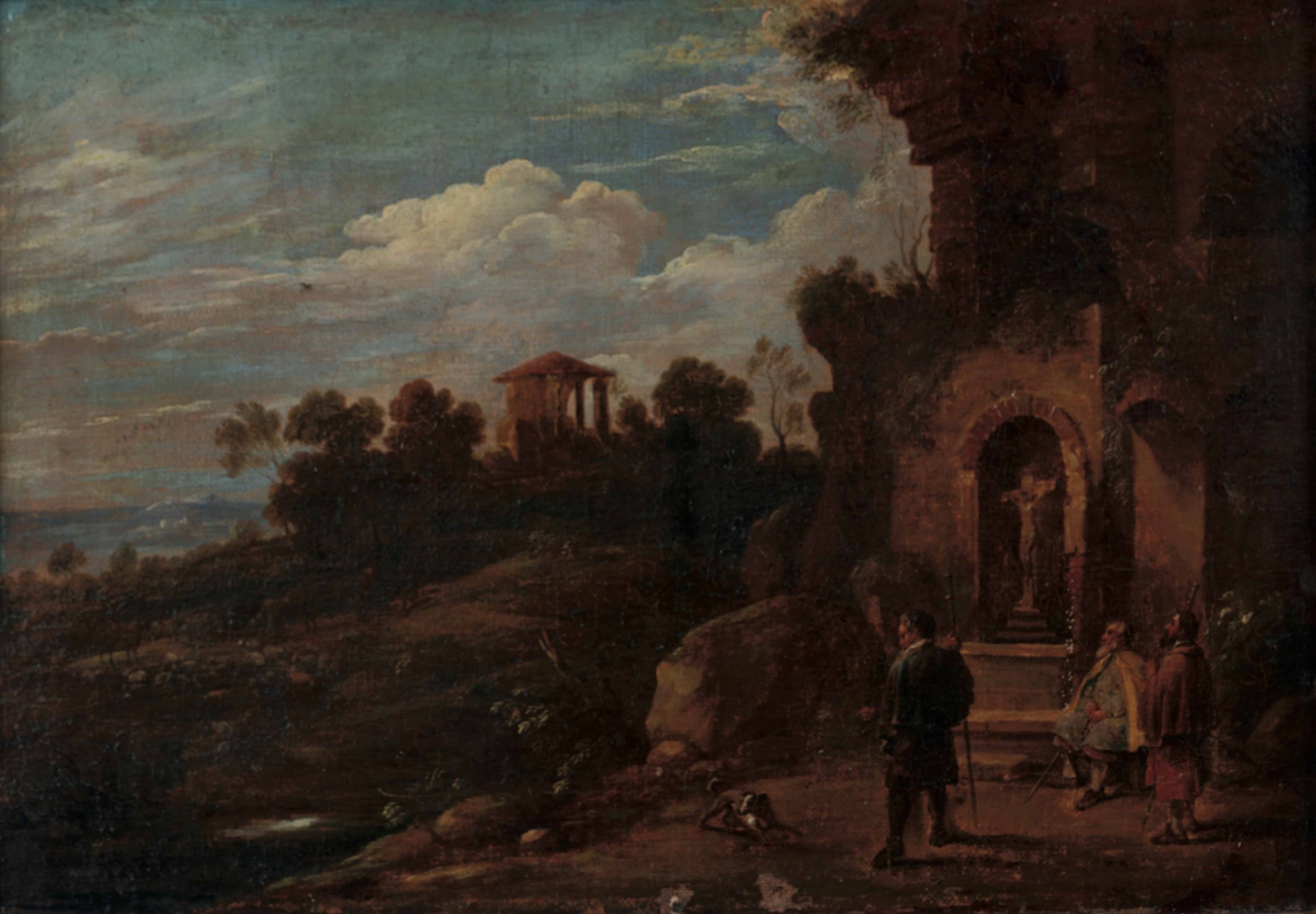 Scuola romana del XVII secolo, Paesaggio con figure e architetture - olio su tela, cm [...]