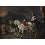 Gerard Douw (Leida 1613-1675), Paesaggio di montagna con cavalieri - olio su tavola, [...]