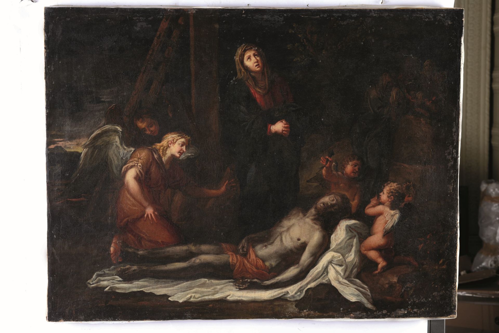 Scuola italiana del XVII secolo, Compianto sul Cristo morto - olio su tela, cm 74x99 -