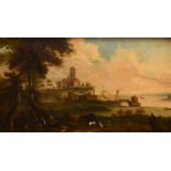 Scuola italiana del XVIII secolo, Paesaggio con fortezza - olio su tela, cm 60x101 -