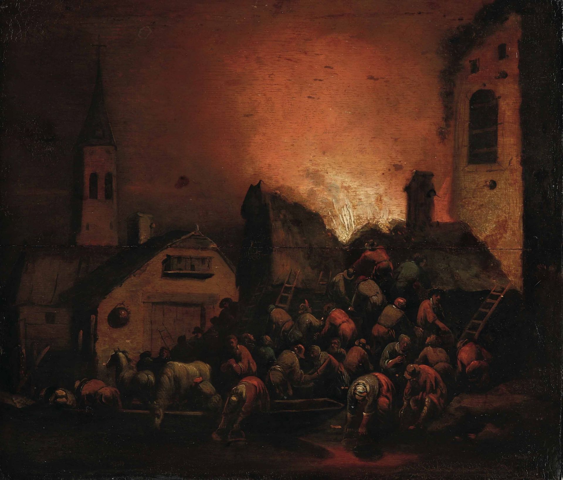 Adriaen Lievensz van der Poel (Delft 1628 - Leida 1671), attribuito a, Incendio - [...]
