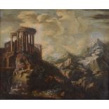 Scuola romana del XVIII secolo, Paesaggio con rovine e figure - olio su tela, cm 62x74 -