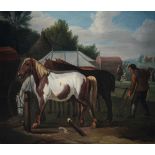 Jan Frans van Bloemen (Anversa 1662 - Roma 1749), Fattore e cavalli - olio su tavola, [...]