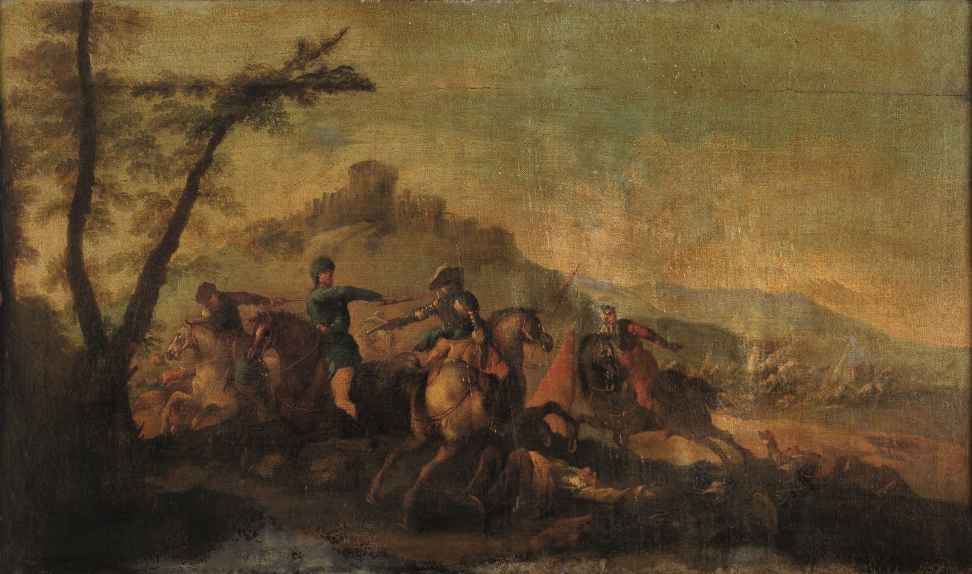 Scuola italiana del XVIII secolo, Battaglia - olio su tela, cm 75x120 -