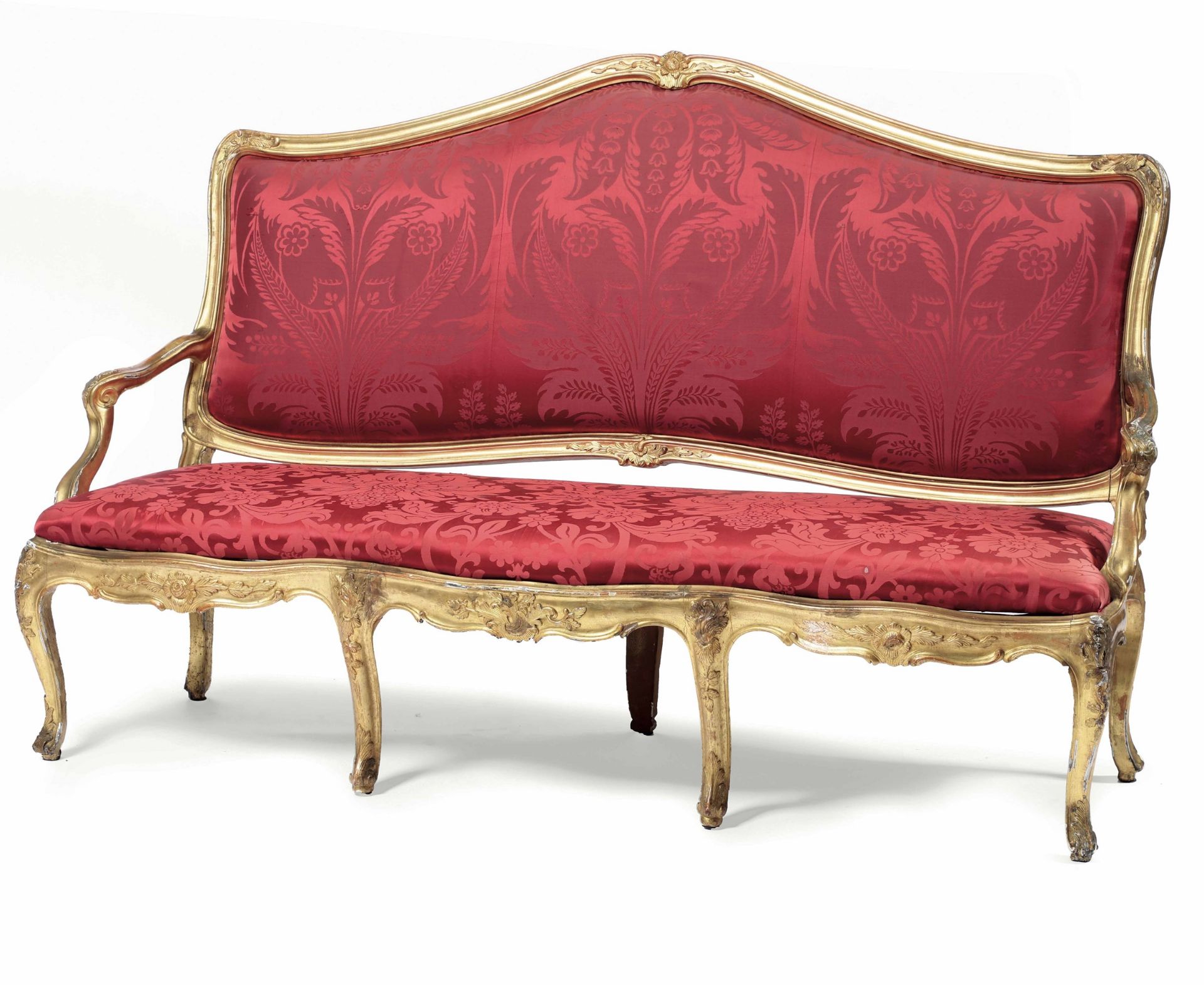 Salotto in legno intagliato e dorato composto da divano e sei sedie, Genova XVIII [...]
