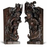 Coppia di lesene con putti alati sorretti da Fenice Legno di noce scolpito Scultura [...]