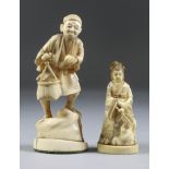 A Japanese Carved Ivory Okimono of a standing fruit seller, Meiji Period, 5ins (12.7cm) high, and