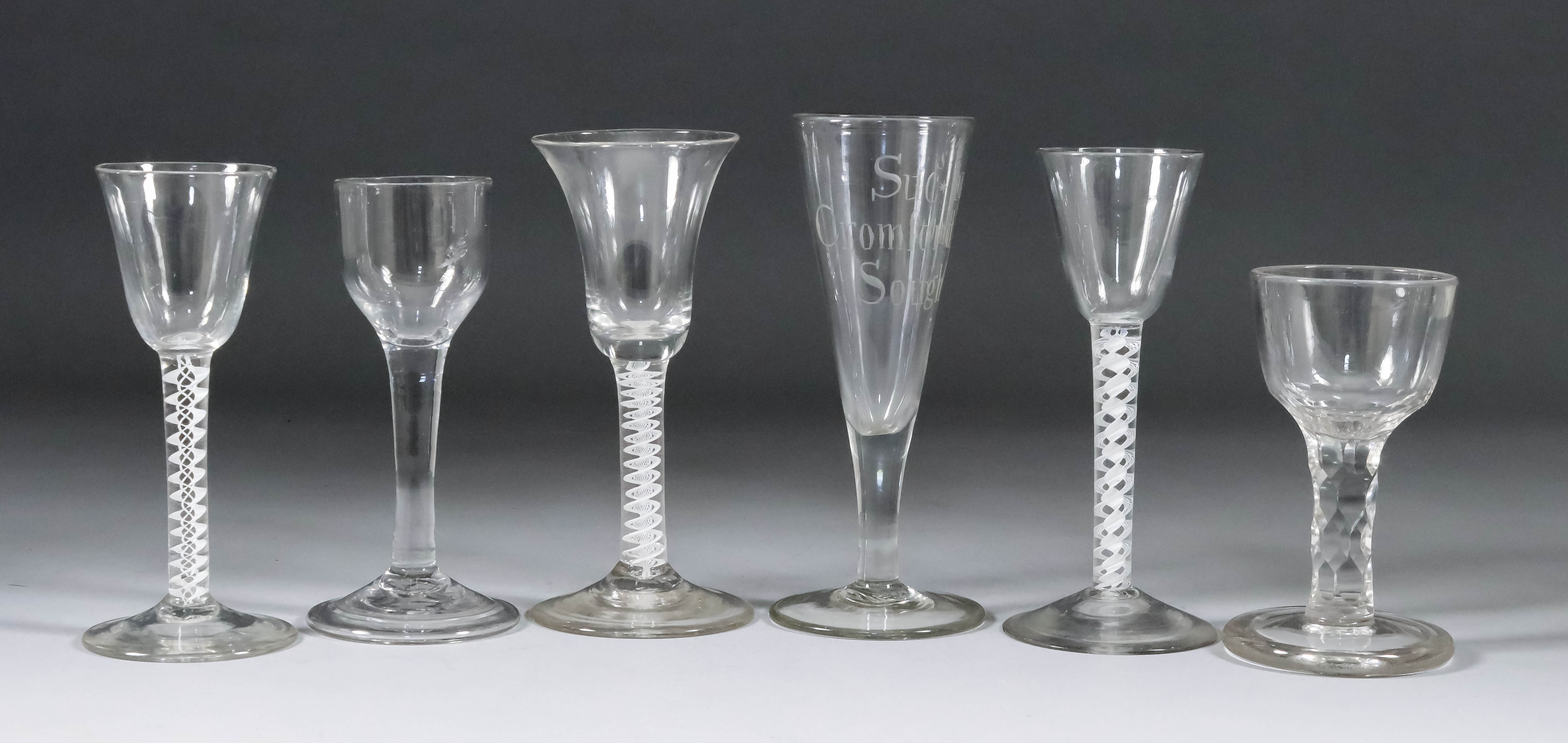 Six Drinking Glasses, 18th Century, including ale with plain stem and conical foot engraved - "