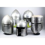 Five Reproduction Medieval Steel Helmets, full size, including - Wenceslas, Templer and Sallet