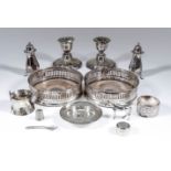 A Pair of George V Silver Circular Wine Bottle Coasters, and mixed silverware, the coasters by Harry