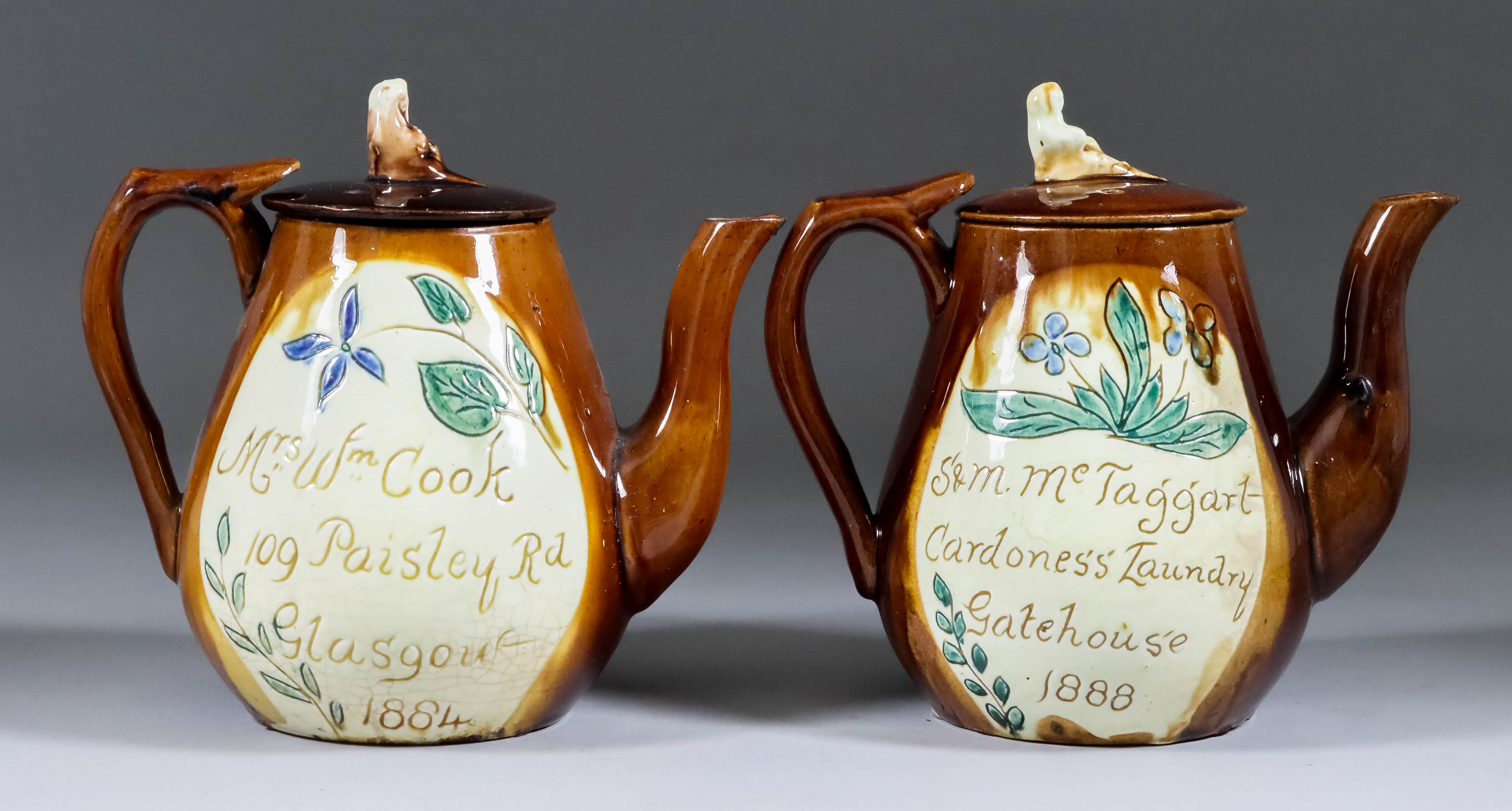 A Cumnock Pottery Teapot and Cover, 19th Century, slip decorated and incised with coloured flowers