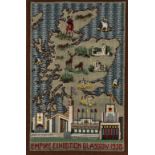 A 1938 Empire Exhibition Embroidery, worked in coloured threads with a Map of Scotland with