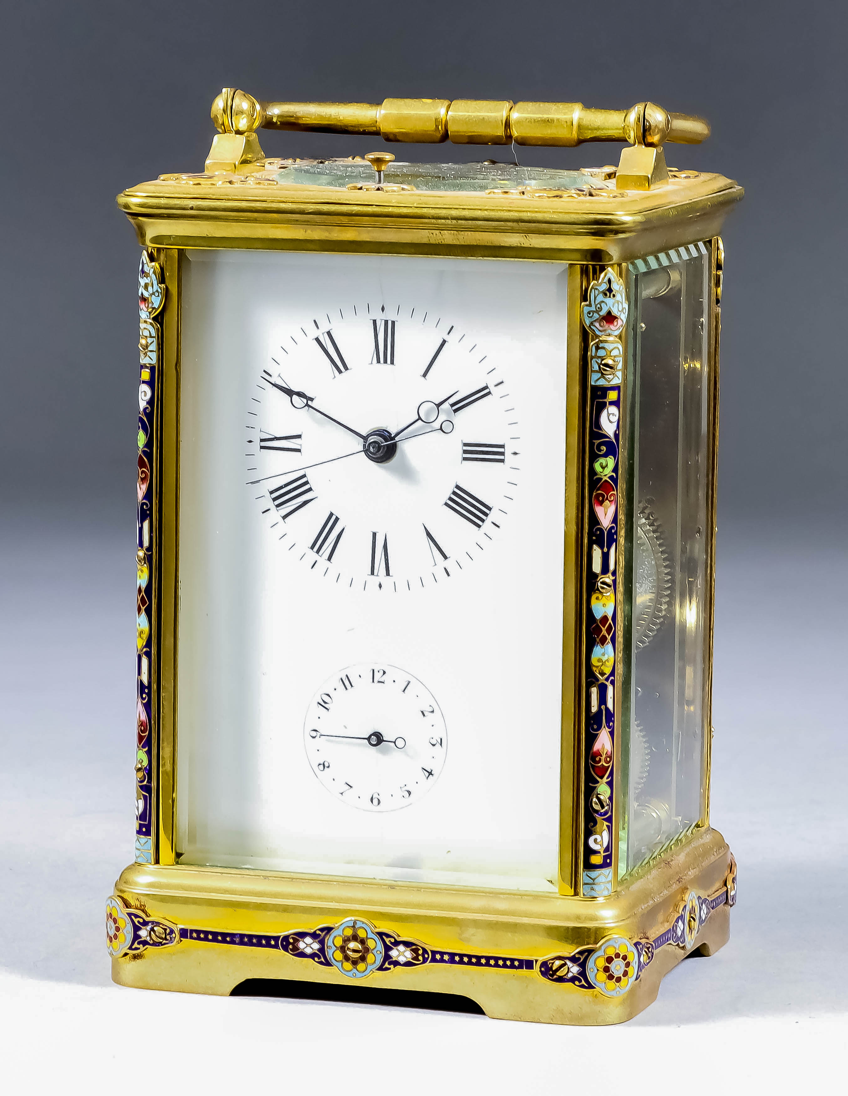 A Chinese Gilt Brass and Enamel Mounted Carriage Clock, Late 19th Century, the white enamel dial