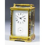 A Chinese Gilt Brass and Enamel Mounted Carriage Clock, Late 19th Century, the white enamel dial