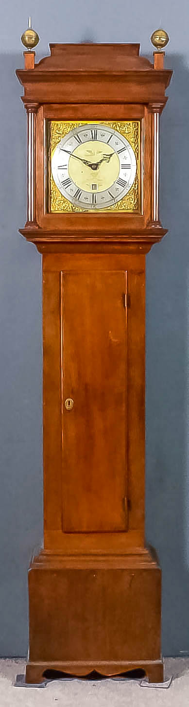 An Oak Longcase Clock, 18th Century, by John Silke of Elmstead, the 11ins square brass dial with