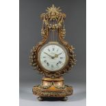 A French Burrwood and Gilt Metal Mounted Lyre Mantel Timepiece, Late 19th Century, the 5ins diameter