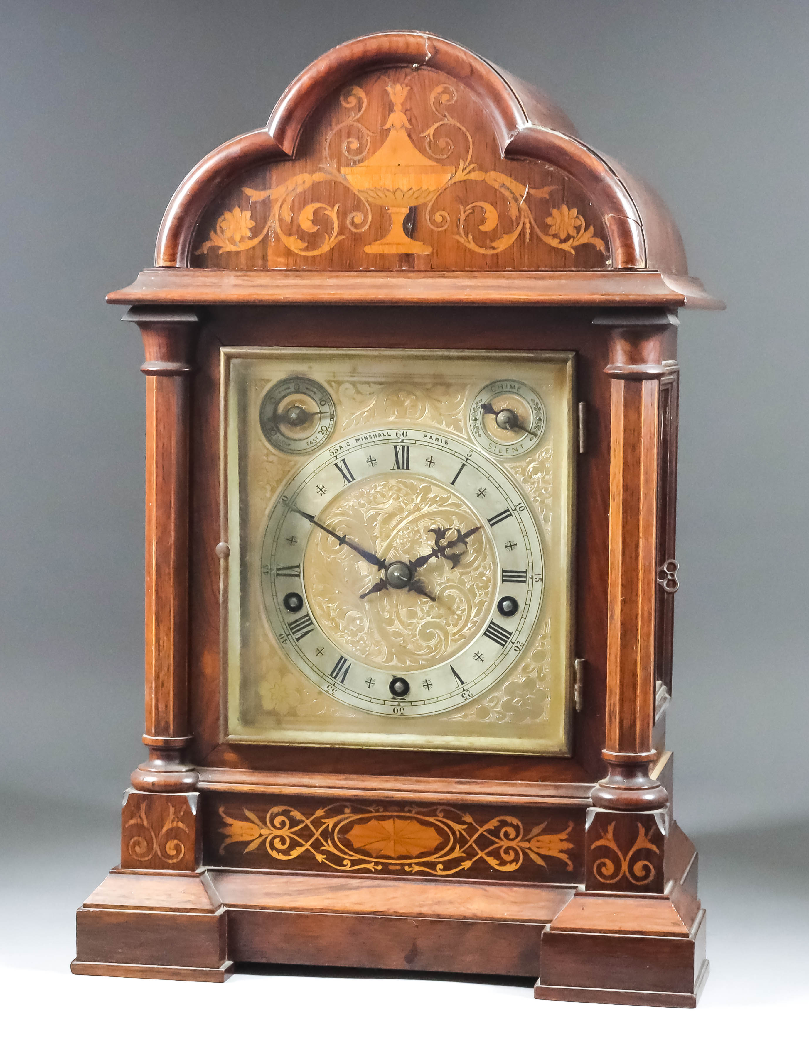 A German Inlaid Rosewood Cased Mantel Clock, Late 19th Century, by Winterhalder & Hofmeier and