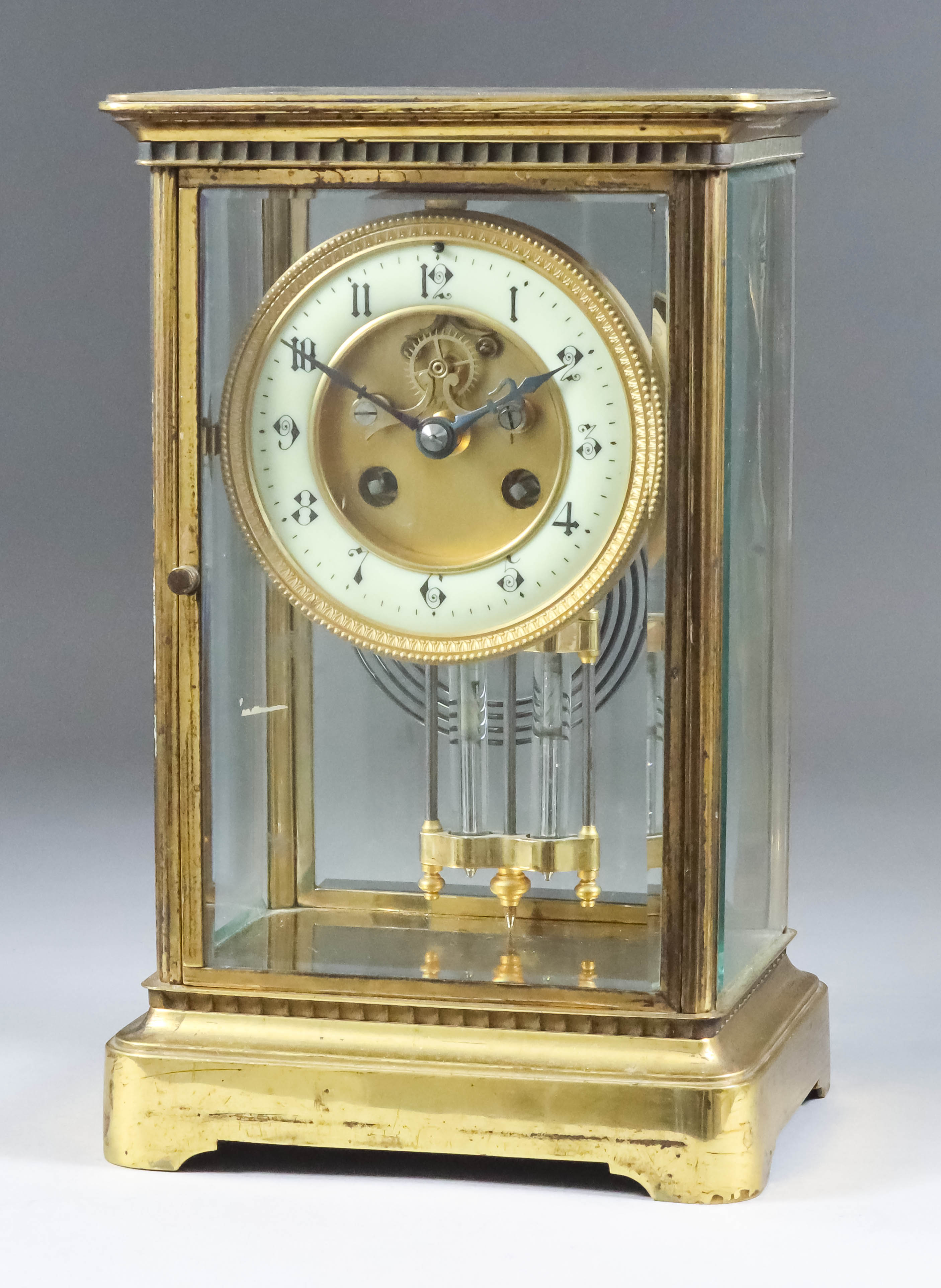 A French Brass and Bevelled Glass Cased "Four Glass" Mantel Clock, by Japy Freres, No. 13313, the