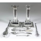 Two Victorian and Edward VII Silver Pillar Candlesticks, and mixed silverware, the candlesticks each