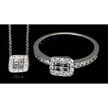 A Diamond Cluster Ring and Matching Pendant, Modern, both in 18ct white gold mounts, set with